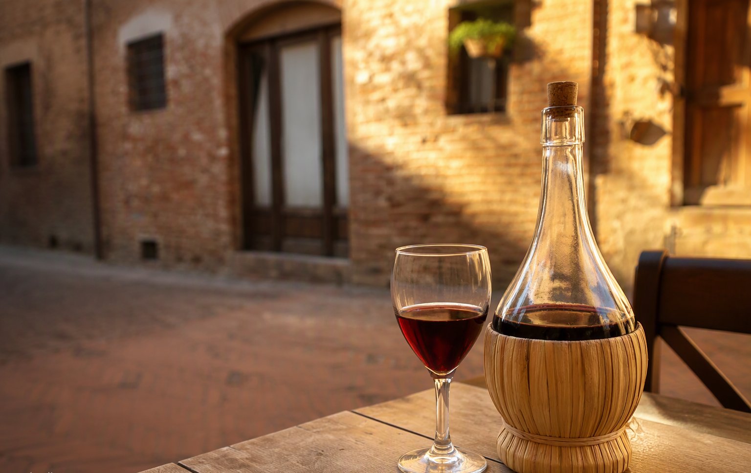 Il fiasco di chianti impagliato e un bicchiere di rosso sul tavolino all'aperto