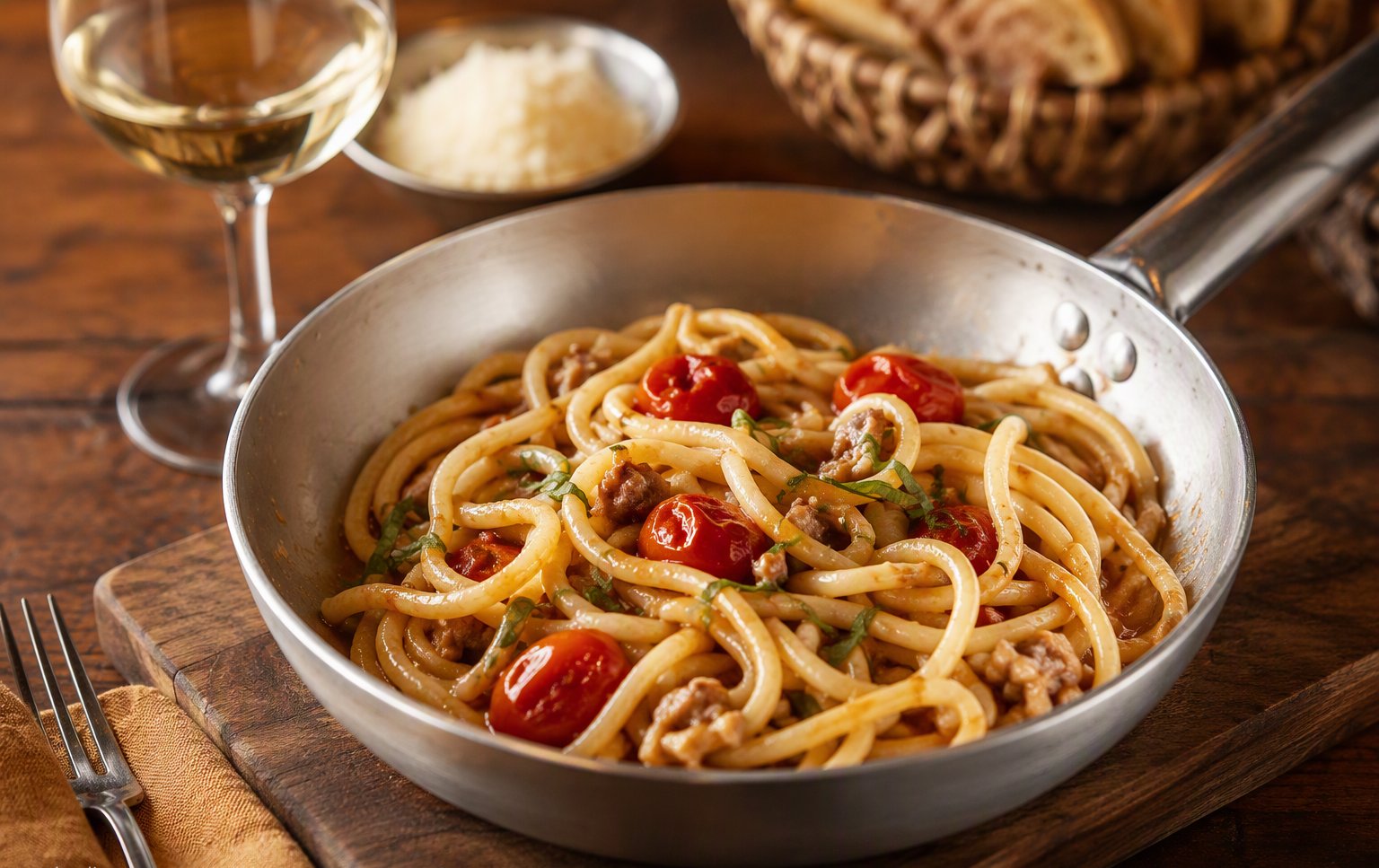 I pici all'aglione serviti direttamente nella padellina sul tagliere di legno